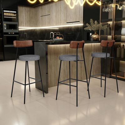 Kit 4 Banqueta Alta Cozinha Sala Jantar Milão L02 Couríssimo Marrom Linho Cinza Escuro - Lyam Decor