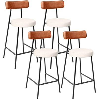 Kit 04 Banquetas Baixa Cozinha Sala Jantar Milão L02 Couríssimo Camel Linho Cru  - Lyam Decor