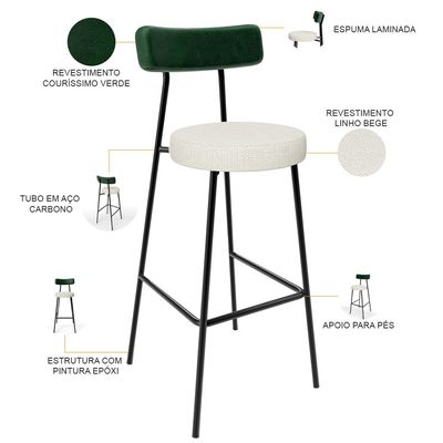 Kit 02 Banquetas Alta Bar Cozinha Sala De Jantar Milão L02 Facto Verde Linho Champagne - Lyam Decor