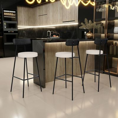 Kit 02 Banquetas Alta Bar Cozinha Sala De Jantar Milão L02 Couríssimo Preto Linho Cru - Lyam Decor