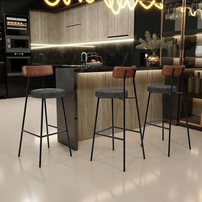 Banqueta Alta Bar Cozinha Sala De Jantar Milão L02 Couríssimo Marrom Linho Chumbo - Lyam Decor