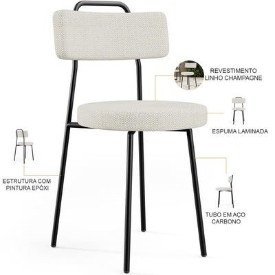 Kit 02 Cadeiras Decorativas Estofada Para Sala De Jantar Barcelona L02 Linho Champagne - Lyam