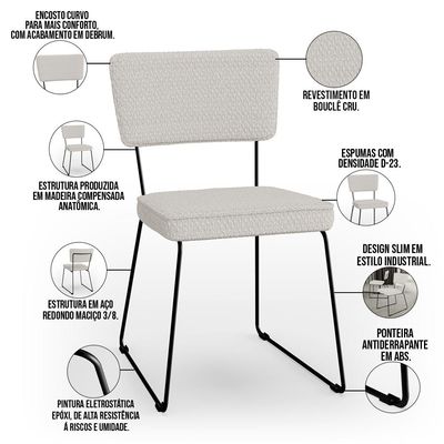 Kit 08 Cadeiras Decorativas Para Sala De Jantar Allana L02 Bouclê Cru - Lyam