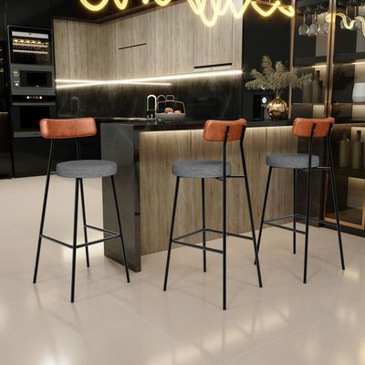 Kit 06 Banquetas Alta Bar Cozinha Sala Jantar Milão L02 Couríssimo Camel Cinza Escuro - Lyam Decor