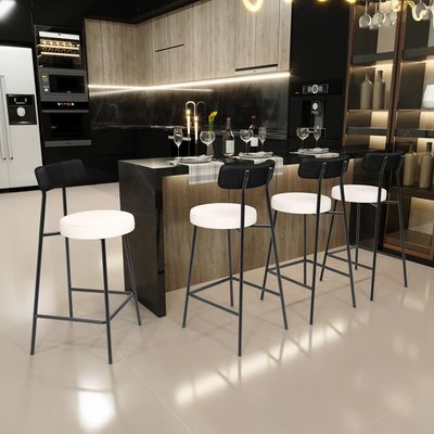 Kit 06 Banquetas Baixa Cozinha Sala Jantar Bancada Milão L02 Couríssimo Preto Linho Cru - Lyam Decor