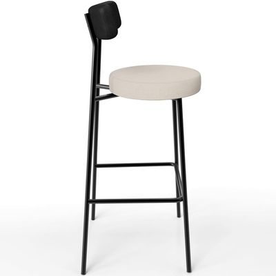 Banqueta Alta Bar Cozinha Sala De Jantar Em Aço Milão L02 Couríssimo Preto Linho Cru - Lyam Decor