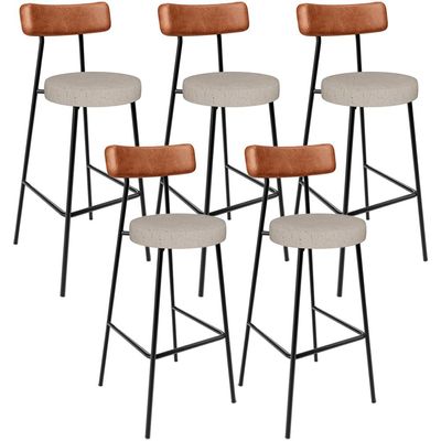 Kit 05 Banquetas Alta Bar Cozinha Sala De Jantar Milão L02 Couríssimo Camel Linho Bege - Lyam Decor