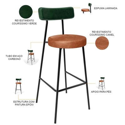 Kit 04 Banquetas Alta Bar Cozinha Sala Jantar Milão L02 Facto Verde Couríssimo Camel - Lyam Decor