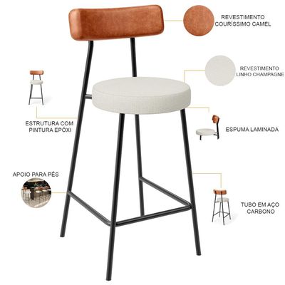 Kit 06 Banquetas Baixa Cozinha Sala Jantar Milão L02 Couríssimo Camel Linho Champagne - Lyam Decor