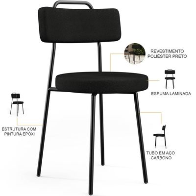 Kit 06 Cadeiras Decorativas Estofada Para Sala De Jantar Barcelona L02 Poliéster Preto - Lyam