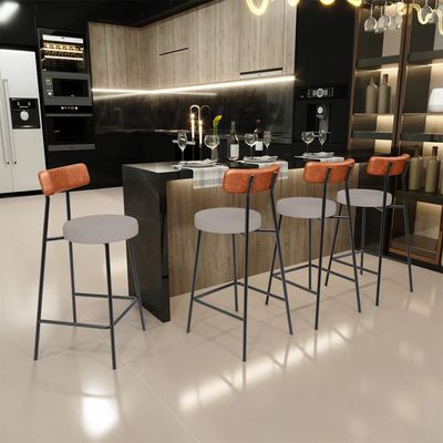 Kit 06 Banquetas Baixa Bar Cozinha Sala Jantar Milão L02 Couríssimo Camel Linho Bege - Lyam Decor