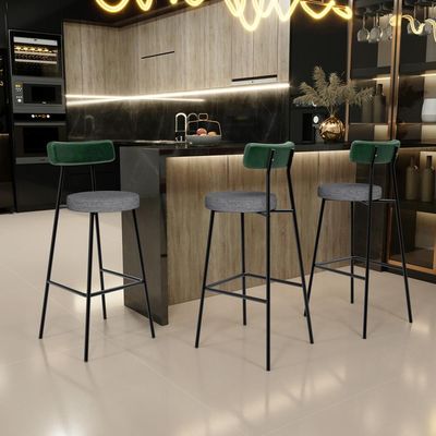 Kit 05 Banquetas Alta Bar Cozinha Sala Jantar Milão L02 Facto Verde Linho Cinza Escuro - Lyam Decor