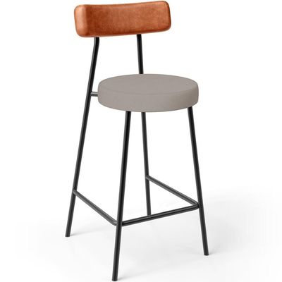 Kit 05 Banquetas Baixa Bar Cozinha Sala Jantar Milão L02 Couríssimo Camel Linho Bege - Lyam Decor
