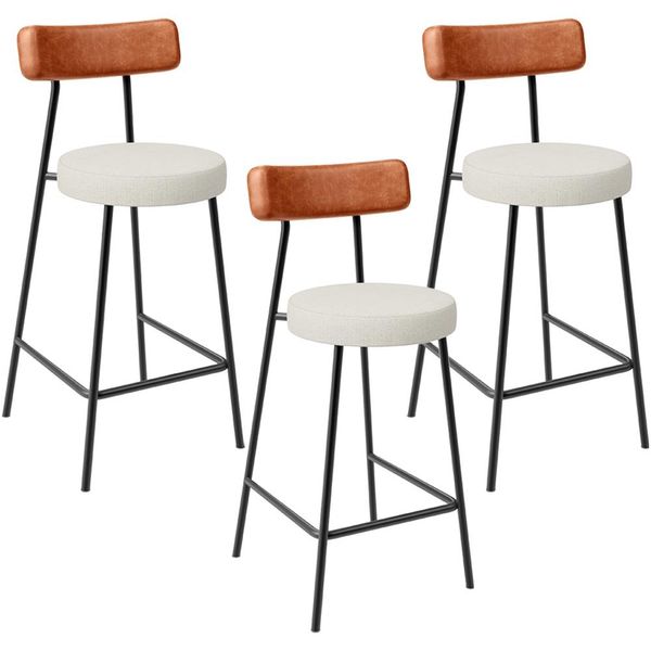 Kit 03 Banquetas Baixa Cozinha Sala Jantar Milão L02 Couríssimo Camel Linho Champagne - Lyam Decor