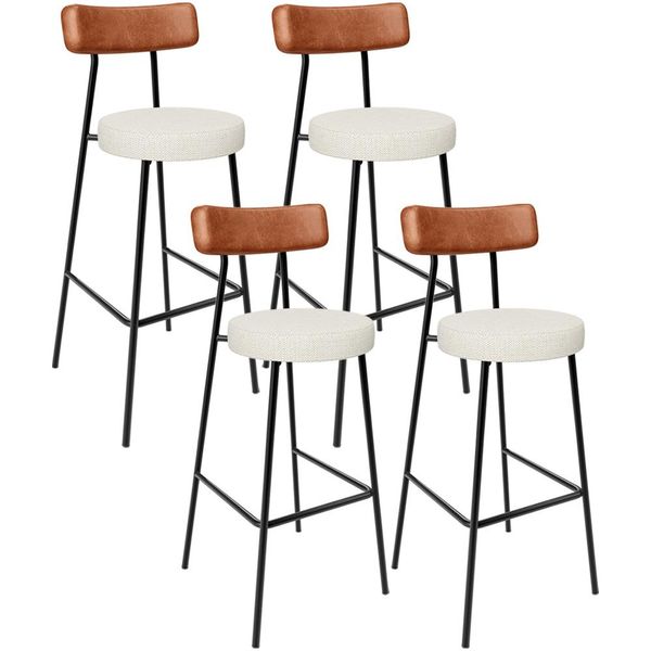 Kit 04 Banquetas Alta Cozinha Sala Jantar Milão L02 Couríssimo Camel Linho Champagne - Lyam Decor