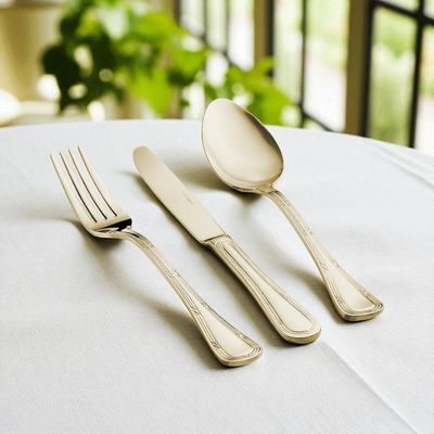 Faqueiro em aço inox Saint James Lace Champagne Gold 101 peças: Requinte e brilho para a sua mesa