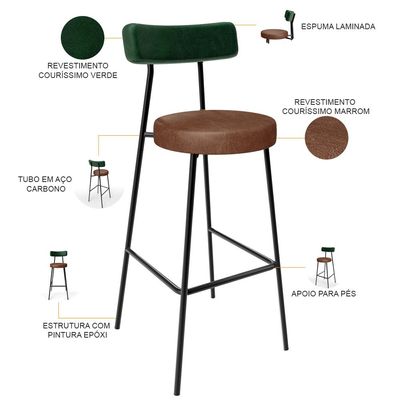 Kit 06 Banquetas Alta Cozinha Sala De Jantar Milão L02 Facto Verde Couríssimo Marrom - Lyam Decor