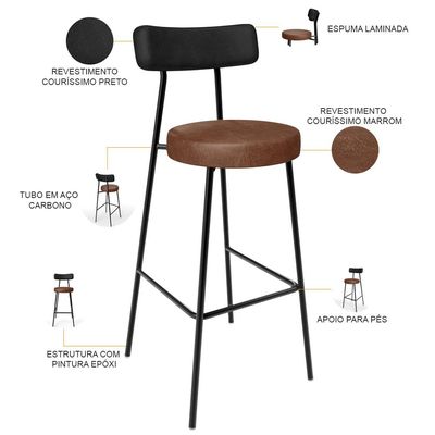 Kit 06 Banquetas Alta Bar Cozinha Sala De Jantar Milão L02 Couríssimo Preto Marrom - Lyam Decor