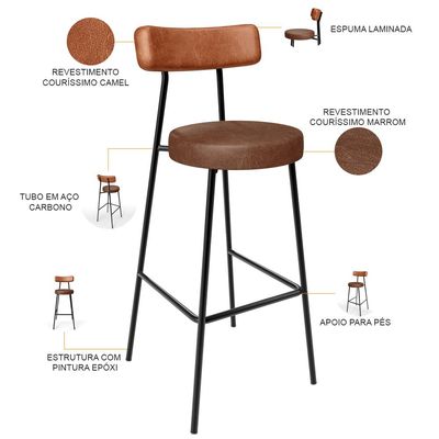 Kit 04 Banquetas Alta Bar Cozinha Sala De Jantar Milão L02 Couríssimo Camel Marrom - Lyam Decor