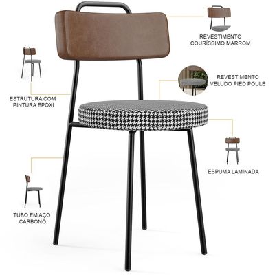 Kit 04 Cadeiras Decorativas Estofada Sala Jantar Barcelona L02 Couríssimo Marrom Pied Poule - Lyam