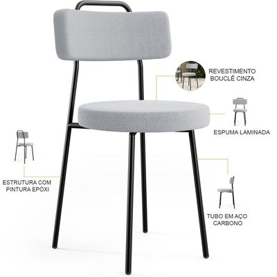 Cadeira Decorativa Estofada Para Sala De Jantar Barcelona L02 Bouclê Cinza - Lyam Decor