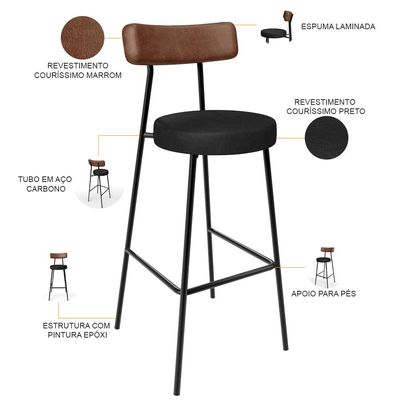 Banqueta Alta Bar Cozinha Sala De Jantar Milão L02 Couríssimo Marrom Preto - Lyam Decor