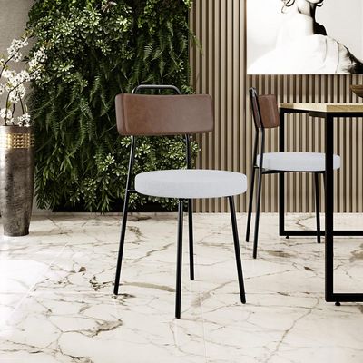 Cadeira Decorativa Estofada Para Sala De Jantar Barcelona L02 Couríssimo Marrom Linho Cinza - Lyam