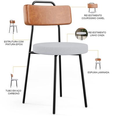 Kit 04 Cadeiras Decorativas Estofada Sala Jantar Barcelona L02 Couríssimo Camel Linho Cinza - Lyam