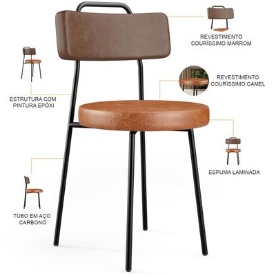Kit 02 Cadeiras Decorativas Estofada Para Sala Jantar Barcelona L02 Couríssimo Marrom Camel - Lyam