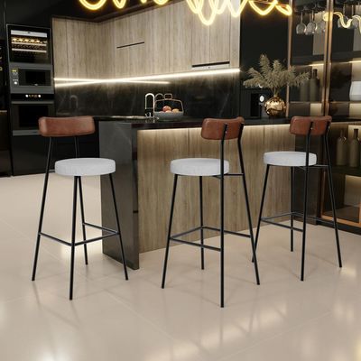 Banqueta Alta Bar Cozinha Sala De Jantar Milão L02 Couríssimo Marrom Linho Cinza - Lyam Decor
