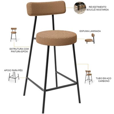 Kit 03 Banquetas Baixa Para Cozinha Sala De Jantar Bar Bancada Milão L02 Bouclê Mostarda - Lyam Decor