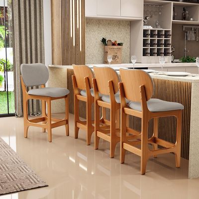 Kit 03 Banquetas Baixa Bar Cozinha E Sala De Jantar Fixa Betta L02 Imbuia Linho Bege - Lyam Decor