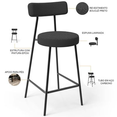 Kit 04 Banquetas Baixa Para Cozinha Sala De Jantar Bancada Milão L02 Bouclê Preto - Lyam Decor