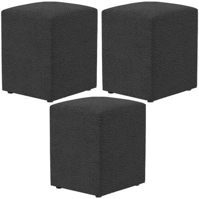 Kit 03 Puffs Quadrado Decorativo L02 Bouclê Preto - Lyam Decor