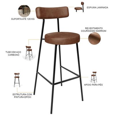 Kit 06 Banquetas Alta Bar Cozinha Sala De Jantar Em Aço Milão L02 Couríssimo Marrom - Lyam Decor