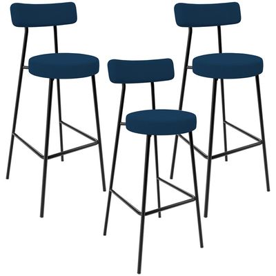 Kit 03 Banquetas Baixa Bar Cozinha Sala De Jantar Em Aço Milão L02 Suede Azul Marinho - Lyam Decor