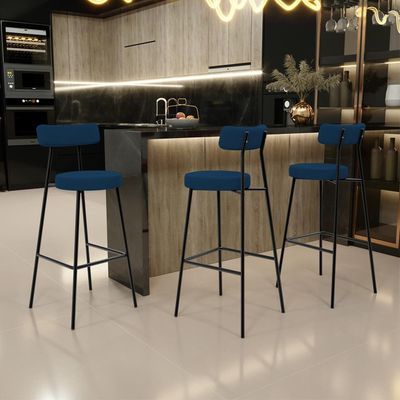 Kit 03 Banquetas Baixa Bar Cozinha Sala De Jantar Em Aço Milão L02 Suede Azul Marinho - Lyam Decor