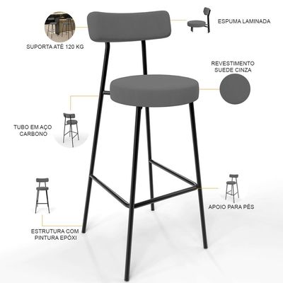 Kit 04 Banquetas Altas Bar Cozinha Sala De Jantar Em Aço Milão L02 Suede Cinza - Lyam Decor