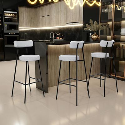 Kit 04 Banquetas Altas Bar Cozinha Sala De Jantar Em Aço Milão L02 Bouclê Cinza - Lyam Decor