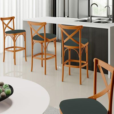 Kit 02 Banquetas Altas Cozinha Bancada Bar Sala Jantar Estofada Ávila L02 Suede Verde Musgo - Lyam