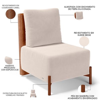 Poltrona Decorativa Sala de Estar Living Pés Madeira Hungria L02 Couríssimo Camel Suede Bege - Lyam