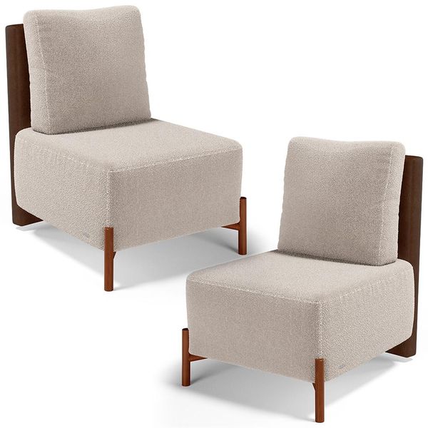 Kit 02 Poltronas Decorativas Sala de Estar Living Hungria L02 Couríssimo Marrom Bouclê Creme - Lyam