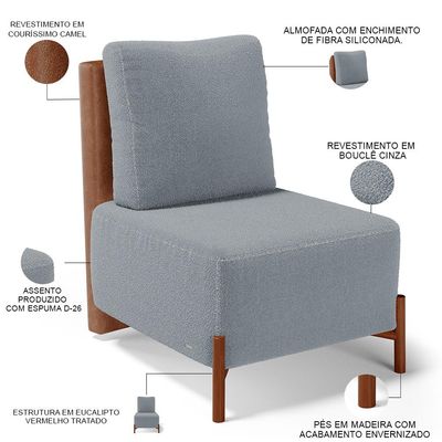 Poltrona Decorativa Sala Estar Living Pés Madeira Hungria L02 Couríssimo Camel Bouclê Cinza - Lyam