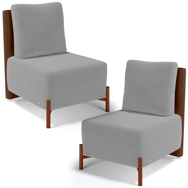 Kit 02 Poltronas Decorativas Sala de Estar Living Hungria L02 Couríssimo Marrom Suede Cinza - Lyam