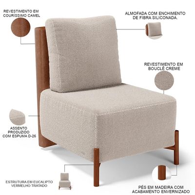 Poltrona Decorativa Sala Estar Living Pés Madeira Hungria L02 Couríssimo Camel Bouclê Creme - Lyam
