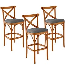 Kit 03 Banquetas Altas Cozinha Bancada Bar Sala Jantar Estofada Ávila L02 Linho Cinza Escuro - Lyam