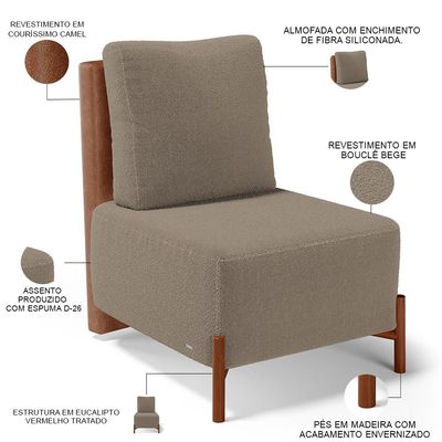Poltrona Decorativa Sala Estar Living Pés Madeira Hungria L02 Couríssimo Camel Bouclê Bege - Lyam