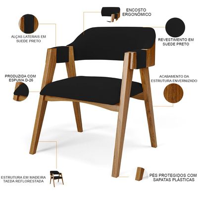 Kit 04 Cadeiras Para Sala de Jantar e Estar Living Estofada Suran L02 Suede Preto - Lyam