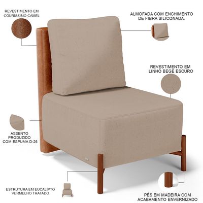 Poltrona Decorativa Sala de Estar Living Hungria L02 Couríssimo Camel Linho Bege Escuro - Lyam