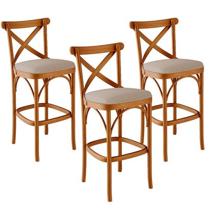 Kit 03 Banquetas Altas Cozinha Bancada Bar Sala de Jantar Estofada Ávila L02 Linho Bege Escuro - Lyam